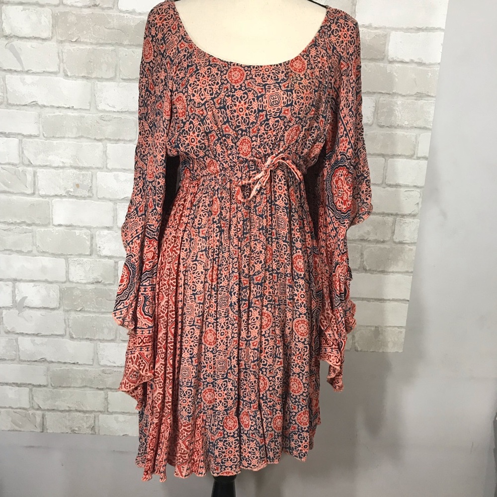 Flowy boho sinched wide drop sleeve dress